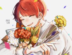 Rule 34 | :d, blurry, blush, bouquet, closed eyes, commentary request, danganronpa (series), danganronpa 2: goodbye despair, dated, flower, freckles, grey background, holding, holding bouquet, holding flower, kiri (2htkz), koizumi mahiru, open mouth, petals, red flower, red hair, shirt, short hair, smile, solo, sunflower, teeth, upper body, upper teeth only, white flower, yellow flower