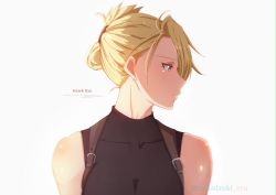 Rule 34 | 1girl, bare shoulders, blonde hair, breasts, character name, cleavage, closed mouth, collarbone, earrings, eyelashes, folded ponytail, frown, fullmetal alchemist, highres, jewelry, looking away, medium breasts, mikazuki eru, profile, red eyes, riza hawkeye, simple background, sleeveless, solo, stud earrings, turtleneck, upper body, white background