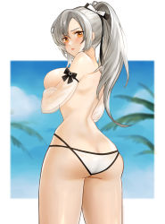 Rule 34 | 1girl, absurdres, ass, asymmetrical bangs, azur lane, bikini, bikini bottom only, blue sky, breast hold, breasts, butt crack, cl (summer sama), cowboy shot, day, detached sleeves, drake (azur lane), drake (the golden hind&#039;s respite) (azur lane), from behind, hair ribbon, highres, large breasts, long hair, looking at viewer, looking back, orange eyes, outdoors, outside border, parted lips, ponytail, ribbon, see-through, sidelocks, silver hair, skindentation, sky, solo, swimsuit, thighs, topless, white bikini, white ribbon