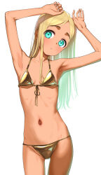 Rule 34 | 1girl, :o, armpits, arms up, bare arms, bare shoulders, bikini, blonde hair, blue eyes, breasts, collarbone, commentary request, cowboy shot, forehead, gluteal fold, gold bikini, groin, head tilt, highres, idolmaster, idolmaster cinderella girls, layla (idolmaster), long hair, looking at viewer, navel, parted lips, pettan p, simple background, small breasts, solo, standing, swimsuit, very long hair, white background