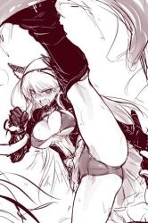 Rule 34 | 1girl, adapted uniform, arm grab, bad id, bad twitter id, blush, breasts, cleavage, cleft of venus, framed breasts, gloves, hanna-justina marseille, head wings, headband, high kick, kicking, large breasts, long hair, looking at viewer, monochrome, null (nyanpyoun), open mouth, revealing clothes, sketch, solo, spread legs, strike witches, sweatdrop, tentacles, underboob, wings, world witches series