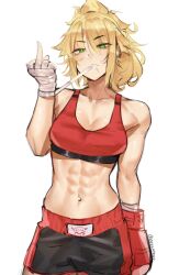 1girl abs absurdres artist_name bare_shoulders blonde_hair boxing_gloves boxing_shorts collarbone crop_top deccatezu fate/grand_order fate_(series) green_eyes hand_wraps highres long_hair middle_finger midriff mordred_(fate) muscular muscular_female navel ponytail shorts