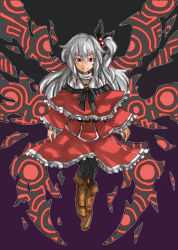 Rule 34 | 1girl, belt, black pantyhose, boots, capelet, female focus, full body, graphite (medium), highres, long hair, mixed media, multiple wings, mystic square, nu ma, numa (minus 4k), pantyhose, purple background, red eyes, shinki (touhou), side ponytail, silver hair, solo, touhou, touhou (pc-98), traditional media, turtleneck, wings