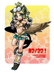 Rule 34 | 1girl, animal ears, ars goetia, boots, cat ears, cat tail, earrings, feathers, fingerless gloves, full body, glasses, gloves, gradient background, green eyes, green hair, himeno yuuma, jewelry, knee boots, matching hair/eyes, midriff, navel, original, pink background, short hair, sitri (himeno yuuma), skirt, slit pupils, smile, solo, star (symbol), starry background, tail, wings, yellow background
