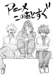 Rule 34 | 3boys, age difference, bags under eyes, bakugou katsuki, beard stubble, belt, bloodshot eyes, boku no hero academia, boots, bound, bound torso, cheek press, closed mouth, collared shirt, commentary request, cross-laced footwear, crossed legs, dress shirt, eraser head (boku no hero academia), facial hair, foot dangle, foot out of frame, freckles, frown, graphite (medium), greyscale, hair between eyes, hand on own arm, hand on own cheek, hand on own face, hands up, head on hand, head rest, highres, horikoshi kouhei, jitome, knee boots, lineup, loafers, long bangs, long hair, long sleeves, looking at another, lower teeth only, male focus, messy hair, midoriya izuku, monochrome, multiple boys, mustache stubble, necktie, on wall, open mouth, pac-man eyes, pants, pants tucked in, raised eyebrows, restrained, scar, scar on face, school uniform, shirt, shoes, short hair, sideways glance, simple background, sitting, slav squatting, smile, sneakers, spiked hair, squatting, stubble, summer uniform, t-shirt, teacher and student, teeth, text focus, tied up (nonsexual), traditional media, translation request, turning head, u.a. school uniform, unamused, upturned eyes, v-shaped eyebrows, white background, wing collar