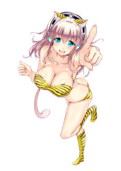 Rule 34 | 1girl, animal ears, animal print, ass, bandeau, bikini, blue eyes, boots, breasts, brown hair, butt crack, cat ears, cat tail, cleavage, fingernails, foreshortening, ganari ryuu, headset, highres, knee boots, large breasts, long fingernails, long hair, nitroplus, open mouth, original, pointing, shiny skin, skindentation, smile, solo, standing, standing on one leg, super sonico, super tama musume, swimsuit, tail, tamatoys, tiger ears, tiger print, yellow bikini