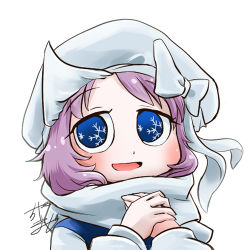 Rule 34 | 1girl, profile picture, blue eyes, bow, chamaji, close-up, hat, hat bow, hat ribbon, letty whiterock, long sleeves, looking at viewer, lowres, mob cap, open mouth, own hands together, purple hair, ribbon, scarf, short hair, signature, simple background, snowflakes, solo, touhou, triangular headpiece, upper body, white background