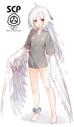 Rule 34 | 1girl, ahoge, ankle cuffs, anklet, artist name, bare legs, barefoot, blunt bangs, blush, character name, clothes writing, commentary request, copyright name, eyebrows, full body, glance, harpy, highres, hospital gown, jewelry, long hair, looking at viewer, looking away, meth (emethmeth), monster girl, no pants, open mouth, parted lips, scp-020-jp, scp foundation, signature, simple background, solo, white background, white hair, winged arms, wings, yellow eyes