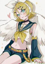 Rule 34 | 1boy, androgynous, angel wings, artist name, black shorts, black sleeves, blonde hair, blue eyes, chromatic aberration, detached sleeves, highres, kagamine len, maca1227, navel, neckerchief, shadow, shirt, short hair, shorts, solo, sparkle, stomach, vocaloid, white shirt, white wings, wings, yellow nails, yellow neckerchief