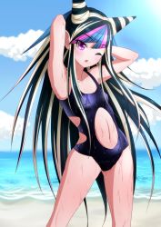 Rule 34 | 10s, 1girl, armpits, arms behind head, arms up, bare legs, beach, black hair, blue hair, blush, breasts, cleavage, clothing cutout, collarbone, danganronpa (series), danganronpa 2: goodbye despair, earrings, highres, jewelry, kevin.g.tuck, labret piercing, mioda ibuki, multicolored hair, navel, navel cutout, ocean, one-piece swimsuit, one eye closed, piercing, pink hair, purple eyes, small breasts, solo, standing, swimsuit, third-party source, water, wet, white hair, wink
