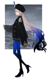 Rule 34 | 1boy, absurdres, black coat, black pantyhose, black shorts, blue eyes, blue hair, blue pantyhose, border, buttons, captain nemo (fate), coat, epaulettes, fate/grand order, fate (series), full body, gold trim, gradient hair, gradient legwear, hat feather, high heels, highres, light brown hair, long sleeves, low twintails, military, military uniform, multicolored hair, naval uniform, nemo (fate), ninjin (ne f g o), ocean, open mouth, outside border, overcast, pantyhose, pointing, pointing forward, profile, short shorts, shorts, sky, sleeves past fingers, sleeves past wrists, solo, turban, twintails, uniform, walking, white border
