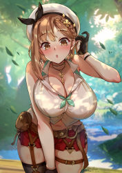 Rule 34 | 1girl, :o, atelier (series), atelier ryza, atelier ryza 2, bad id, bad pixiv id, bare arms, bare shoulders, belt, bent over, beret, black gloves, black ribbon, black thighhighs, blurry, blurry background, blush, braid, breasts, brown eyes, brown hair, buckle, cleavage, dappled sunlight, day, depth of field, earrings, falling leaves, foxyreine, glint, gloves, hat, hat ribbon, jewelry, key, large breasts, leaf, navel, open mouth, outdoors, partially fingerless gloves, pouch, red shorts, reisalin stout, ribbon, shirt, short shorts, shorts, side braid, signature, single sidelock, single thighhigh, skindentation, sleeveless, sleeveless shirt, solo, sunlight, thigh strap, thighhighs, tucking hair, white hat, white shirt