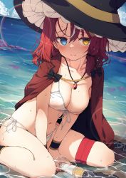 Rule 34 | 1girl, absurdres, bikini, black bow, black hat, blue eyes, blue sky, blush, bow, breasts, cleavage, closed mouth, cloud, collarbone, day, hat, heterochromia, highres, looking at viewer, medium breasts, navel, ocean, original, outdoors, red hair, short hair, side-tie bikini bottom, sitting, sky, smile, solo, staff, swimsuit, sy4, thigh strap, wet, white bikini, witch hat, yellow eyes