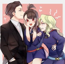 Rule 34 | 10s, 1boy, 2girls, andrew hanbridge, angry, bad id, bad pixiv id, belt, bisexual female, blonde hair, blue dress, blue eyes, blush, boy and girl sandwich, brown hair, clenched teeth, closed mouth, diana cavendish, dress, formal, from side, green eyes, hand in pocket, hands on own cheeks, hands on own face, happy, heart, jealous, kagari atsuko, little witch academia, locked arms, long hair, long sleeves, looking at another, looking at viewer, love triangle, multiple girls, necktie, pink background, profile, red eyes, round teeth, sandwiched, school uniform, short hair, smile, sudandan9, suit, teeth, wide sleeves, witch