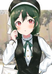 Rule 34 | 1girl, a pure and lovely moment (love live!), absurdres, alternate hairstyle, artist name, artist request, bag, beret, black hair, black hat, blue hair, bow, bowtie, braid, breasts, buttons, closed mouth, dark blue hair, dark green hair, dress, green bow, hair between eyes, hair ornament, hairclip, hand on own hip, handbag, hat, highres, long sleeves, looking at viewer, love live!, love live! nijigasaki high school idol club, love live! school idol festival, love live! school idol festival all stars, mifune shioriko, orange eyes, parted lips, puffy long sleeves, puffy sleeves, red eyes, short hair, shoulder bag, single braid, small breasts, smile, solo, sunya (honorin-yuunibo), sunya (honorin megumin), sunya (pixiv17390904), upper body, white bow, white dress