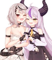 Rule 34 | 2girls, ahoge, ascot, bare shoulders, belt, black collar, black horns, braid, braided bangs, breasts, camisole, collar, fingerless gloves, frilled camisole, frills, gloves, grey hair, hair ornament, heart collar, heart pendant, highres, hololive, horns, la+ darknesss, large breasts, ma draws, multicolored hair, multiple girls, pointy ears, purple hair, sakamata chloe, sakamata chloe (1st costume), streaked hair, striped horns, virtual youtuber, white camisole, x hair ornament, yellow ascot, yellow eyes