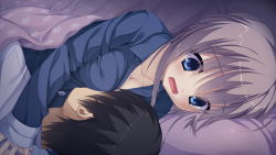 Rule 34 | 1boy, 1girl, bed, bed sheet, between breasts, blue eyes, blush, breast press, breasts, cleavage, game cg, grey hair, kobuichi, long hair, looking down, lying, muririn, on side, open mouth, pajamas, pillow, sanoba witch, shiiba tsumugi, under covers