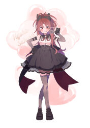 Rule 34 | 1girl, alternate costume, balloon, belt, black bow, black footwear, black skirt, blush, bow, closed mouth, crossed legs, detached sleeves, elbow gloves, frills, full body, gloves, grey thighhighs, hair bow, hand on own hip, heart, heart balloon, highres, holding, loafers, long hair, long sleeves, looking at viewer, mahou shoujo madoka magica, mahou shoujo madoka magica (anime), open mouth, paru rari, ponytail, red eyes, red hair, ribbon, sakura kyoko, shirt, shoes, simple background, skirt, sleeveless, sleeveless shirt, smile, solo, standing, thighhighs, tongue, tongue out, very long hair, white background, white shirt, wrist cuffs