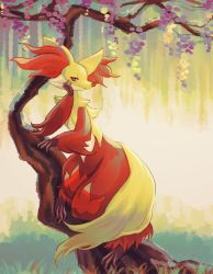 Rule 34 | against tree, animal ear fluff, closed mouth, commentary request, creatures (company), day, delphox, full body, furry, fusenryo, game freak, gen 6 pokemon, head rest, highres, looking at viewer, nintendo, outdoors, pokemon, pokemon (creature), smile, solo, standing, tree