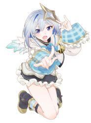 Rule 34 | 1girl, \m/, amane kanata, black footwear, black skirt, blue hair, blue wings, boots, burisuke (koujiro), double \m/, feathered wings, feathers, frilled skirt, frilled sleeves, frills, full body, grey hair, hair between eyes, hand up, highres, hololive, jacket, knees together feet apart, long sleeves, looking at viewer, mini wings, multicolored hair, open mouth, outstretched arm, plaid socks, purple eyes, simple background, single hair intake, skirt, solo, two-tone hair, virtual youtuber, white background, white feathers, white jacket, white wings, wings