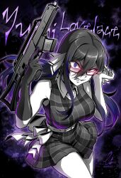 Rule 34 | 1girl, abstract background, angry, bare shoulders, belt, blue eyes, blue hair, breasts, character name, clenched teeth, collared dress, commentary, commission, cowboy shot, dress, earrings, ebiblue, gesugao, glasses, gloves, gun, hair ribbon, highres, holding, holding gun, holding weapon, indie virtual youtuber, jewelry, large breasts, long hair, looking at viewer, multicolored hair, plaid, ribbon, short dress, single bare arm, single glove, skeb commission, solo, streaked hair, teeth, trigger discipline, virtual youtuber, weapon, yumi lovelace
