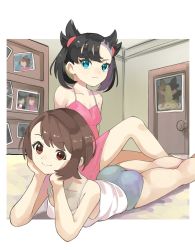 Rule 34 | 2girls, aqua eyes, armpits, ass, asymmetrical bangs, bare shoulders, barefoot, bedroom, black hair, blue panties, bob cut, breasts, brown eyes, brown hair, camisole, collarbone, creatures (company), dress, expressionless, game freak, gloria (pokemon), head rest, highres, implied yuri, katwo, legs, looking at another, looking at viewer, lying, marnie (pokemon), multiple girls, neck, nintendo, on bed, on stomach, panties, pokemon, pokemon swsh, sitting, sleeveless, sleeveless dress, small breasts, the pose, thighs, twintails, underwear, underwear only, unworn headwear, white camisole