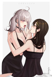 Rule 34 | 2girls, ahoge, black choker, black dress, black hair, blunt bangs, border, breasts, choker, cleavage, collarbone, dress, ear piercing, english text, eye contact, fang, finger to another&#039;s mouth, grey background, hair ornament, highres, lace, lace-trimmed dress, lace trim, long hair, looking at another, medium breasts, multiple girls, nijisanji, orange eyes, parted lips, piercing, pink eyes, shirayuki tomoe, silayloe, silver hair, simple background, sitting, sleeveless, sleeveless dress, sukoya kana, tongue, tongue out, twintails, twitter username, virtual youtuber, white border, yuri