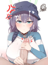 Rule 34 | 1boy, 1girl, absurdres, anger vein, blue archive, breasts, bucket hat, cum, cum on hair, facial, green eyes, halo, handjob, has bad revision, has censored revision, hat, hetero, highres, kisa (leg3043), large breasts, large penis, looking at viewer, male pubic hair, penis, pov, pov crotch, pubic hair, purple hair, saki (blue archive), squiggle, twitching penis, v-shaped eyebrows, veins, veiny penis