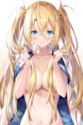 Rule 34 | 1girl, blonde hair, blue eyes, blush, bradamante (fate), braid, breasts, closed mouth, collarbone, collared jacket, fate/grand order, fate (series), gloves, hair between eyes, hair ornament, hair over breasts, highres, holding, holding hair, jacket, jacket on shoulders, large breasts, long hair, looking at viewer, navel, rin yuu, sidelocks, simple background, smile, stomach, sweatdrop, twintails, very long hair, white background