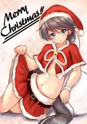Rule 34 | 10s, 1girl, alternate costume, bag, bell, belt, black hair, blush, capelet, christmas, clenched hand, collar, english text, hat, highres, houshou (kancolle), kantai collection, long hair, looking at viewer, merry christmas, navel, neck bell, ponytail, red hat, red skirt, sack, santa costume, santa hat, sazamiso rx, skirt, skirt hold, solo, text focus