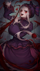 Rule 34 | 1girl, black bow, blood, bow, dress, fangs, gothic lolita, hair bow, highres, juliet sleeves, layered dress, lolita fashion, long dress, long hair, long skirt, long sleeves, looking at viewer, magic, ola (bunnyfly), overlord (maruyama), puffy sleeves, purple dress, red dress, red eyes, shalltear bloodfallen, sidelocks, skirt, smile, solo, tongue, tongue out, vampire, wide sleeves