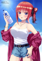 Rule 34 | 1girl, absurdres, belt, blue eyes, blue sky, blunt bangs, bottle, bracelet, breasts, cleavage, day, denim, denim shorts, go-toubun no hanayome, hair ribbon, hand on own hip, highres, holding, holding bottle, jacket, jewelry, large breasts, maeda tsumugi, megami magazine, nail polish, nakano nino, official art, outdoors, pink jacket, red hair, ribbon, ring, scan, shorts, sidelocks, sky, solo, spaghetti strap, sun, tank top, torn clothes, torn shorts, water bottle, white tank top