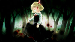 Rule 34 | 1girl, bad id, bad pixiv id, blonde hair, bow, clothes lift, dress, dress lift, female focus, forest, frills, hair bow, highres, lifted by self, looking at viewer, nature, red eyes, rumia, solo, touhou, tree, yuubari makuwa