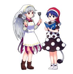 Rule 34 | 2girls, :3, apron, blue eyes, blue hair, bow, bowtie, braid, brown footwear, commentary request, cookbook, crescent, doremy sweet, dress, english text, full body, grey hair, hat, head scarf, kishin sagume, ladle, long sleeves, multiple girls, nightcap, pom pom (clothes), reading, red bow, red bowtie, red eyes, shikushiku (amamori weekly), shoes, short hair, simple background, single wing, socks, spatula, standing, star (symbol), tail, tapir tail, touhou, white background, white legwear, wings