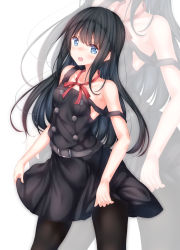 Rule 34 | 1girl, asashio (kancolle), bad id, bad nicoseiga id, belt, black hair, black pantyhose, blue eyes, blush, breasts, dress, highres, kantai collection, long hair, looking at viewer, numpopo, open mouth, panties, pantyhose, pinafore dress, school uniform, simple background, sleeveless dress, small breasts, solo, underwear, white background