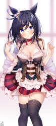 Rule 34 | 1girl, :o, animal ears, bare shoulders, black hair, black thighhighs, blue eyes, blurry, blurry background, blush, breasts, cleavage, depth of field, detached sleeves, eishin flash (umamusume), feet out of frame, frilled skirt, frills, hair between eyes, hands up, head tilt, holding, holding tray, horse ears, layered sleeves, long sleeves, medium breasts, omuretsu, parted lips, puffy short sleeves, puffy sleeves, shirt, short over long sleeves, short sleeves, signature, skirt, solo, striped clothes, striped skirt, thighhighs, tray, umamusume, vertical-striped clothes, vertical-striped skirt, white shirt, wide sleeves