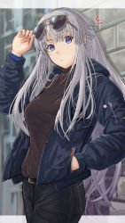 Rule 34 | 1girl, absurdres, azur lane, black pants, blue eyes, breasts, closed mouth, collared shirt, commentary request, cowboy shot, denim, eagle union (emblem), enterprise (azur lane), enterprise (bon voyage) (azur lane), eyewear on head, hand in pocket, highres, hood, hood down, jacket, jeans, large breasts, long hair, long sleeves, looking at viewer, official alternate costume, open clothes, open jacket, origami yakko, pants, shirt, silver hair, solo, standing, very long hair, watch, wristwatch