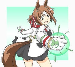 Rule 34 | 1girl, :d, absurdres, animal ears, black skirt, border, brown hair, clothing cutout, clover hair ornament, clover print, fine motion (umamusume), from side, gloves, green background, hair between eyes, hair bun, hair ornament, hair ribbon, highres, horse ears, horse girl, horse tail, jacket, long sleeves, looking at viewer, looking to the side, multicolored hair, open mouth, ribbon, shikararemimi, simple background, single hair bun, skirt, smile, solo, tail, tail through clothes, two-tone hair, umamusume, white border, white gloves, white hair, white jacket, yellow eyes