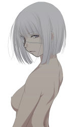 Rule 34 | 1girl, aura-hysterica, back, blue eyes, bob cut, breasts, eyepatch, lips, lipstick, looking at viewer, looking back, makeup, mr.romance, nipples, nude, ragnarok online, short hair, simple background, solo, upper body, white hair