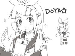 Rule 34 | 1girl, bare shoulders, blush, bubble tea, bubble tea challenge, cheating (competitive), chibi, close-up, commentary, cup, detached collar, doyagao, drinking straw, greyscale, hair ornament, hairclip, headphones, headset, kagamine rin, looking at viewer, meme, monochrome, moomlin, sailor collar, school uniform, short hair, shoulder tattoo, smile, smug, solo, sparkle, star (symbol), tattoo, v-shaped eyebrows, vocaloid