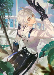 Rule 34 | 1boy, aerysky, ahoge, arm up, black gloves, chinese commentary, commentary request, gloves, grey eyes, hair between eyes, hanging plant, heterochromia, highres, holding, holding polearm, holding weapon, long sleeves, looking at viewer, looking back, male focus, orange eyes, pants, parted lips, plant, polearm, railing, short hair, sky, smile, solo, standing, tian lang (tower of fantasy), tower of fantasy, weapon, white hair, white pants