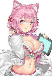 Rule 34 | 1girl, absurdres, animal ear fluff, animal ears, antenna hair, artist name, bikini, blush, braid, breasts, choker, cleavage, closed mouth, coat, collarbone, commentary, drawing tablet, fang, fingernails, frilled bikini, frilled choker, frilled ribbon, frills, hair ornament, hair ribbon, hakui koyori, hakui koyori (summer), highres, hololive, huusri, lab coat, large breasts, nail polish, navel, open clothes, open coat, pink choker, pink hair, pink nails, pink trim, purple eyes, red ribbon, ribbon, simple background, smile, solo, stomach, stylus, swimsuit, virtual youtuber, white background, white bikini, white coat, white ribbon, wolf ears, wolf girl