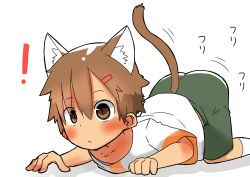 Rule 34 | !, 1boy, :&lt;, all fours, animal ears, blush, cat boy, cat ears, cat tail, hair between eyes, highres, laser, laser pointer, laser pointer projection, male focus, moro noun, original, simple background, solo, tail, white background