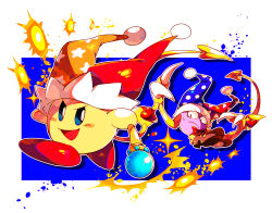 Rule 34 | beam kirby, blue background, blue eyes, blue headwear, blush stickers, boots, border, bow, bowtie, brown footwear, claws, closed mouth, colored skin, commentary request, copy ability, frown, fur-trimmed headwear, fur trim, hat, heart, holding, holding wand, jester cap, kirby, kirby (series), looking at another, magic, marx (kirby), nintendo, no humans, open mouth, orange headwear, petals, polka dot headwear, pom pom (clothes), purple eyes, purple skin, red bow, red bowtie, red footwear, red headwear, shadow, shirushiki, shoes, smile, star (symbol), star print, sweatdrop, traditional bowtie, triangle print, two-tone background, two-tone headwear, v-shaped eyebrows, wand, white background, white border, yellow skin, yellow wings