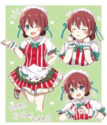 Rule 34 | 1girl, blue eyes, blush, brown hair, character name, clenched hands, closed eyes, closed mouth, commentary request, dress, drill hair, emma verde, furrowed brow, green ribbon, hair between eyes, hair ribbon, happy birthday, heart, heart hands, highres, leg up, looking at viewer, love live!, love live! nijigasaki high school idol club, maid headdress, multiple views, notice lines, one eye closed, open mouth, puffy short sleeves, puffy sleeves, ranmaki125, red dress, ribbon, short sleeves, striped clothes, striped dress, twin drills, upper body, wrist cuffs