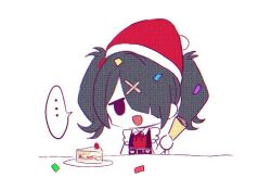 Rule 34 | ..., 1girl, :d, ame-chan (needy girl overdose), black eyes, black hair, black ribbon, cake, cake slice, chibi, collared shirt, commentary, confetti, food, hair ornament, hair over one eye, hat, holding, holding party popper, kabe (zp66104), long hair, looking at viewer, neck ribbon, needy girl overdose, open mouth, party popper, red hat, red shirt, ribbon, sad smile, santa hat, shirt, simple background, smile, solo, spoken ellipsis, symbol-only commentary, twintails, upper body, white background, x hair ornament