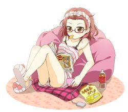 Rule 34 | 10s, 1girl, bean bag chair, black bra, black panties, boko (girls und panzer), book, bra, camisole, cellphone, chips (food), cola, food, food in mouth, girls und panzer, glasses, highres, holding, holding book, holding phone, lace, lace-trimmed bra, lace-trimmed panties, lace trim, leaning back, magazine (object), messy hair, mouth hold, off shoulder, panties, panty peek, parda siko, parted lips, phone, pillow, pink shirt, pink shorts, potato chips, red-framed eyewear, rosehip (girls und panzer), sandals, semi-rimless eyewear, shirt, short hair, short shorts, shorts, sitting, smartphone, solo, striped bra, striped clothes, striped shirt, striped shorts, twitter username, under-rim eyewear, underwear, upshorts, vertical-striped bra, vertical-striped clothes, white background