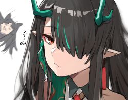 Rule 34 | 2girls, absurdres, animal ears, arknights, bare shoulders, black hair, character name, china dress, chinese clothes, commentary request, dog ears, dragon horns, dress, dusk (arknights), earrings, hair over one eye, hand on own cheek, hand on own face, highres, horn/wood, horns, jewelry, long hair, multicolored hair, multiple girls, pointy ears, portrait, red eyes, saga (arknights), simple background, streaked hair, translation request, white background, white dress