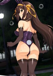 Rule 34 | 1girl, animal ears, ass, backless leotard, bench, black choker, black gloves, black leotard, black thighhighs, breasts, brown eyes, brown hair, choker, commentary, elbow gloves, fake animal ears, fake tail, from behind, gloves, hairband, haruhisky, highres, lamppost, leotard, long hair, looking at viewer, medium breasts, night, orange hairband, orange ribbon, outdoors, park bench, parted lips, playboy bunny, profile, rabbit ears, rabbit tail, ribbon, solo, standing, strapless, strapless leotard, suzumiya haruhi, suzumiya haruhi no yuuutsu, sweatdrop, tail, thighhighs, tree, turning head