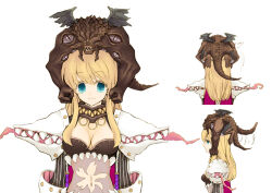 Rule 34 | 1girl, :3, armor, blonde hair, blue eyes, breasts, cleavage, closed mouth, colored eyelashes, commentary request, genetic (ragnarok online), kusabi (aighe), living clothes, long hair, looking at viewer, medium bangs, medium breasts, midriff, multiple views, navel, pauldrons, ragnarok online, satan morroc, shoulder armor, sidelocks, simple background, smile, solo, teeth, tongue, upper body, white background